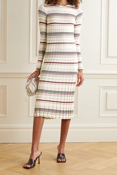 Shop Adam Lippes Striped Ribbed Silk And Cashmere-blend Midi Dress In White