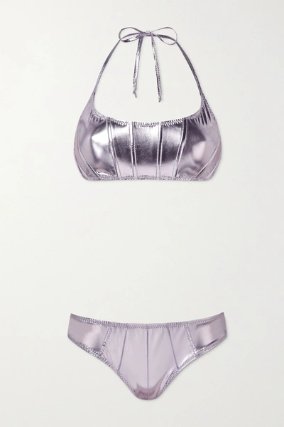 Shop Lisa Marie Fernandez Corset Pintucked Metallic Stretch-pvc Halterneck Bikini In Lavender