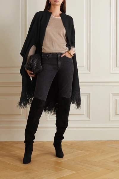 Shop Valentino Feather-trimmed Wool And Cashmere-blend Cape In Black