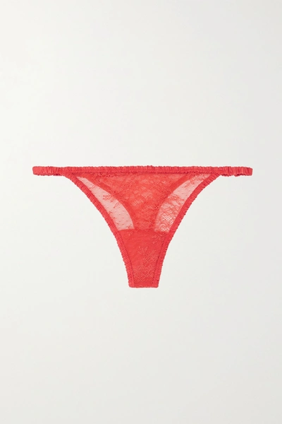 Shop Love Stories Roomie Satin-trimmed Stretch-lace Thong In Red