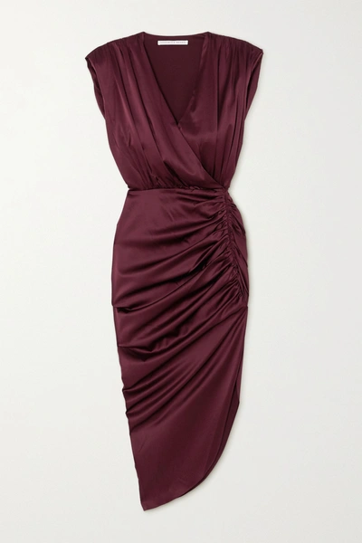 Shop Veronica Beard Casela Wrap-effect Ruched Stretch-silk Midi Dress In Burgundy