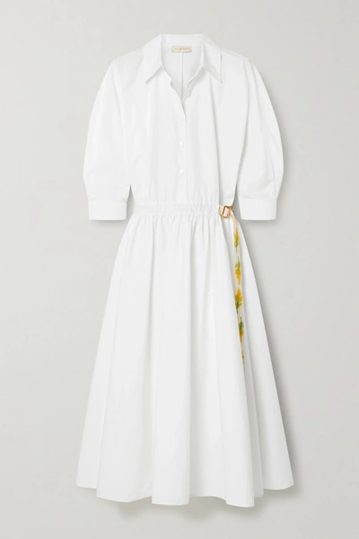 Shop Tory Burch Belted Grosgrain-trimmed Cotton-poplin Shirt Dress In White