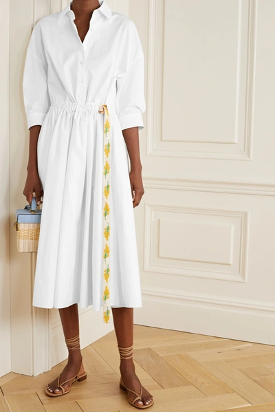 Shop Tory Burch Belted Grosgrain-trimmed Cotton-poplin Shirt Dress In White