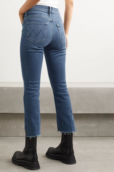 Shop Mother The Insider Crop Distressed High-rise Flared Jeans In Mid Denim