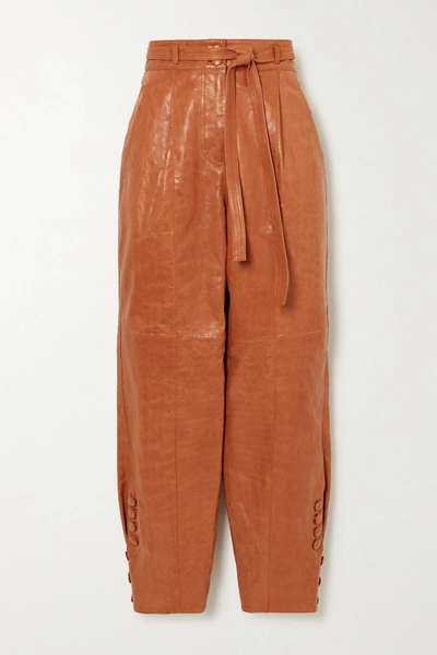 Shop Ulla Johnson Navona Belted Leather Tapered Pants In Tan