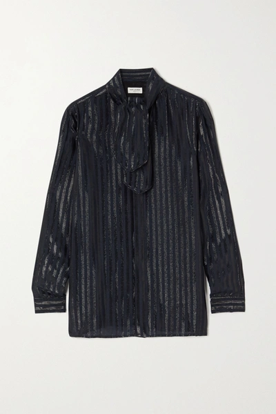 Shop Saint Laurent Tie-neck Striped Metallic Silk-blend Shirt In Navy