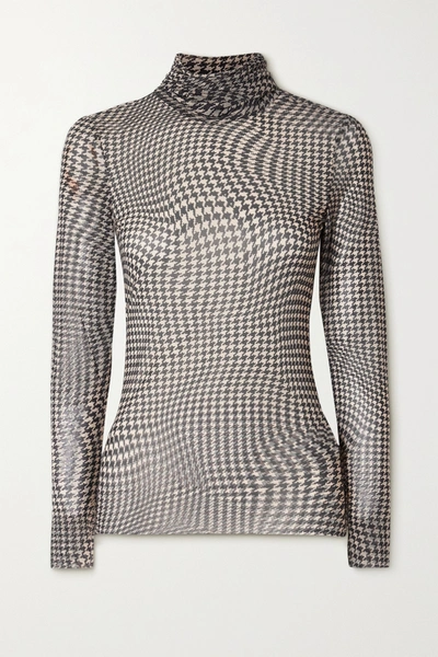 Shop Ganni Puppytooth Stretch-mesh Turtleneck Top In Brown