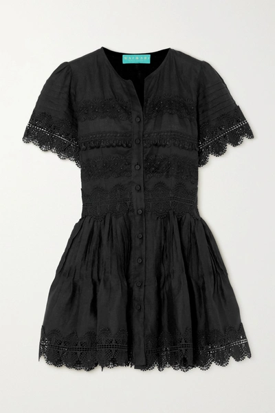 Shop Waimari Violetta Guipure Lace-trimmed Linen Mini Dress In Black