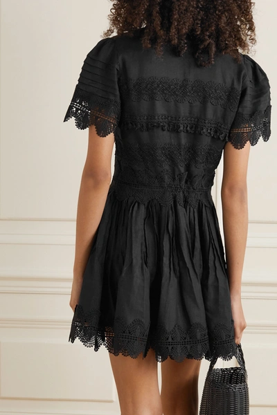 Shop Waimari Violetta Guipure Lace-trimmed Linen Mini Dress In Black