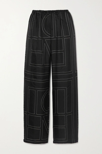 Shop Totême Vizelle Embroidered Silk-satin Wide-leg Pants In Black