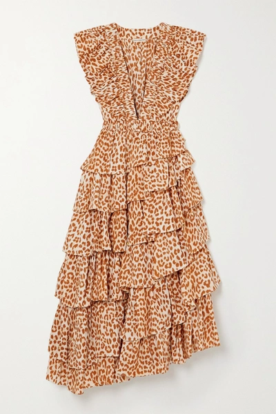 Shop Ulla Johnson Viola Asymmetric Ruffled Cheetah-print Duchesse Silk-satin Midi Dress In Leopard Print