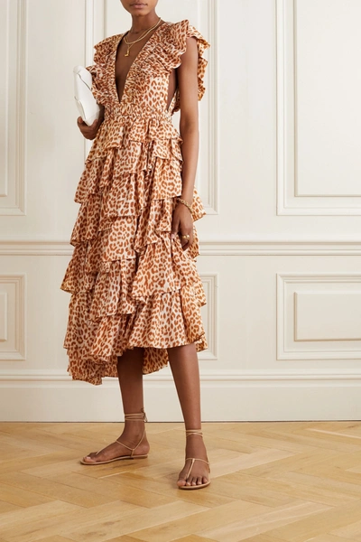 Shop Ulla Johnson Viola Asymmetric Ruffled Cheetah-print Duchesse Silk-satin Midi Dress In Leopard Print