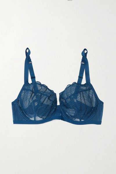 Shop Maison Lejaby Jazz Embroidered Stretch-tulle And Jersey Balconette Bra In Blue