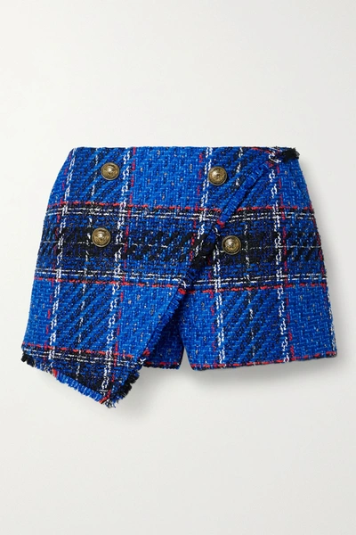 Shop Balmain Asymmetric Frayed Checked Tweed Shorts In Bright Blue
