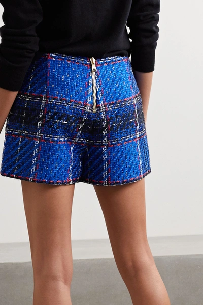 Shop Balmain Asymmetric Frayed Checked Tweed Shorts In Bright Blue