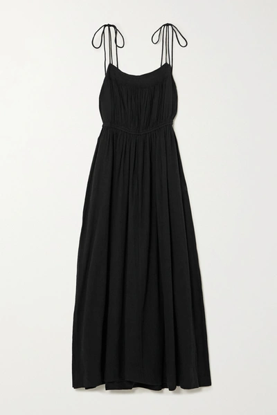 Shop Apiece Apart Cecile Tie-detailed Gathered Organic Cotton Midi Dress In Black