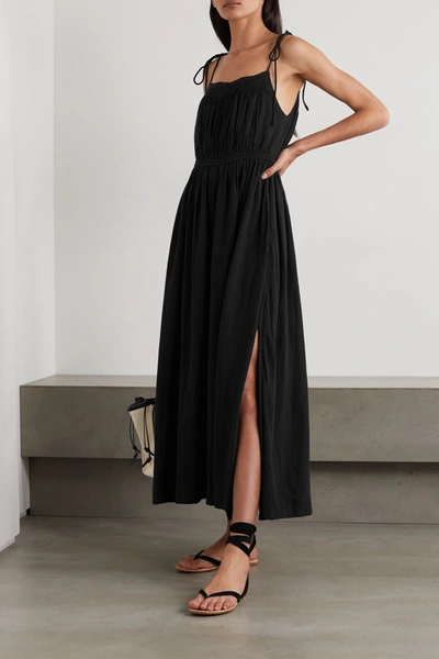 Shop Apiece Apart Cecile Tie-detailed Gathered Organic Cotton Midi Dress In Black