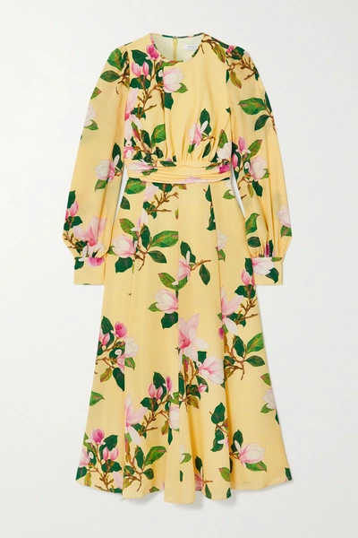 Shop Andrew Gn Floral-print Silk Crepe De Chine Midi Dress In Pastel Yellow