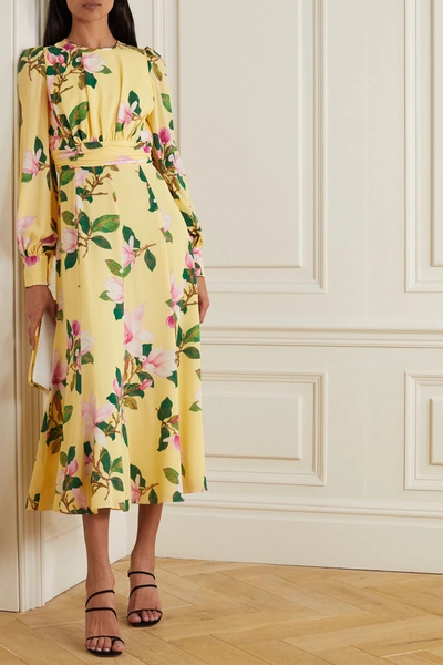 Shop Andrew Gn Floral-print Silk Crepe De Chine Midi Dress In Pastel Yellow