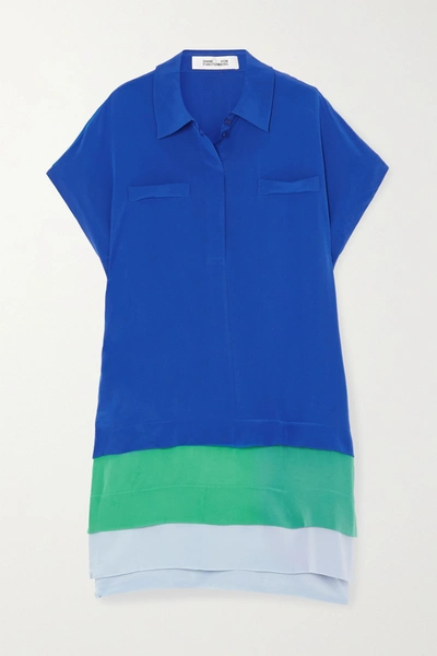 Shop Diane Von Furstenberg Hatsu Tiered Color-block Silk Crepe De Chine Mini Shirt Dress In Blue