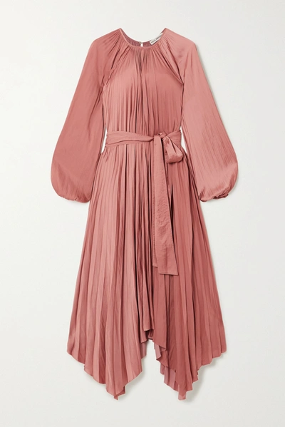 Shop Ulla Johnson Yalena Belted Pleated Satin Midi Dress In Copper