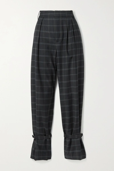 Shop Tibi Finn Pleated Checked Twill Tapered Pants In Midnight Blue