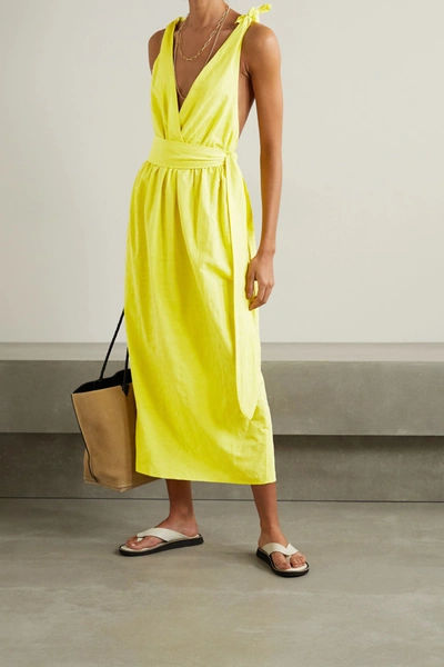 Shop Mara Hoffman + Net Sustain Calypso Belted Organic Cotton And Linen-blend Midi Dress In Chartreuse