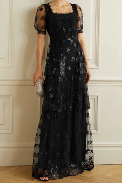 Shop Erdem Ashby Tiered Lace-trimmed Embroidered Tulle Gown In Black
