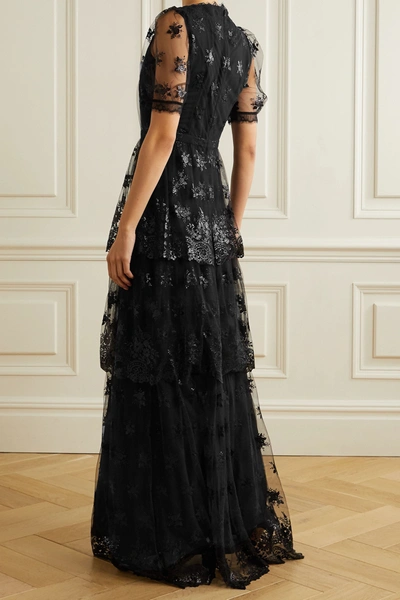 Shop Erdem Ashby Tiered Lace-trimmed Embroidered Tulle Gown In Black