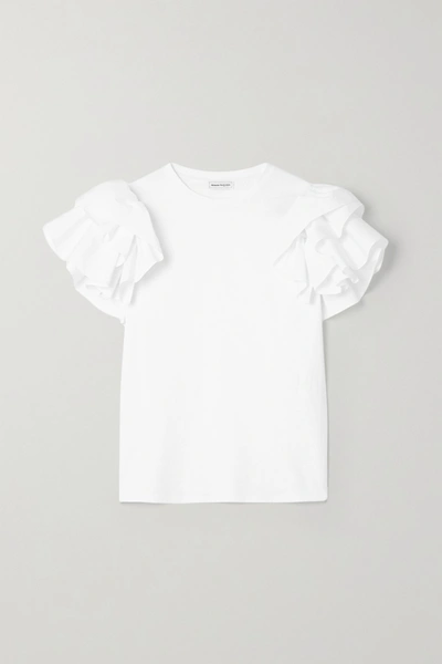 Shop Alexander Mcqueen Ruffled Poplin-trimmed Cotton-jersey T-shirt In White