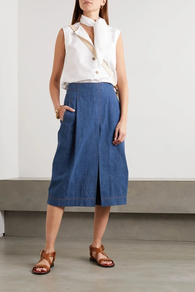 Shop Chloé Pleated Organic Denim Midi Skirt In Blue