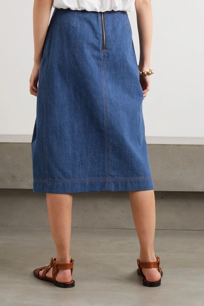 Shop Chloé Pleated Organic Denim Midi Skirt In Blue