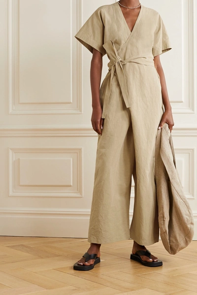 Shop Lauren Manoogian Organic Cotton And Linen-blend Wrap Jumpsuit In Mushroom