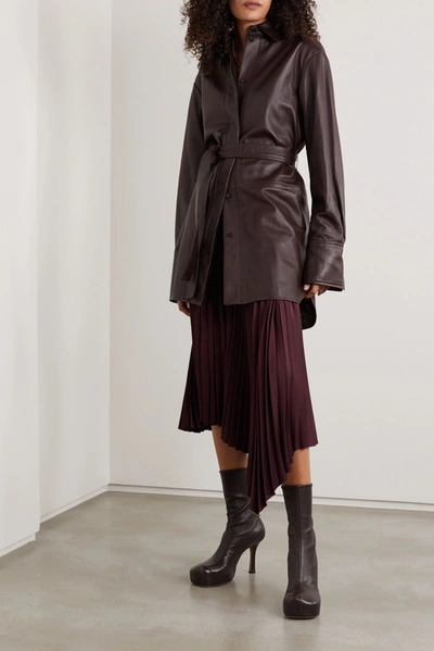 Shop Joseph Asymmetric Pleated Crepe Midi Skirt In Burgundy