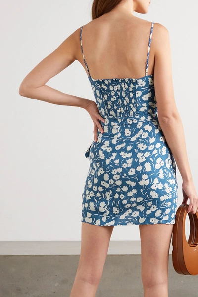 Shop Reformation Canal Wrap-effect Floral-print Crepe Mini Dress In Blue