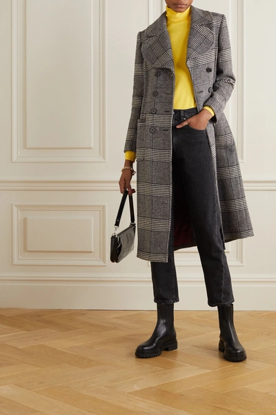 Shop Alexa Chung Penelope Faux Patent Leather-trimmed Prince Of Wales Checked Tweed Coat In Gray