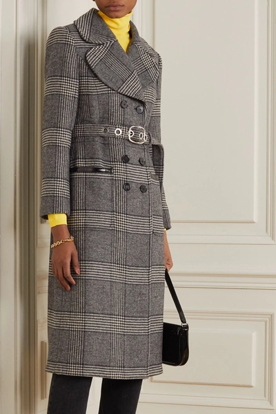 Shop Alexa Chung Penelope Faux Patent Leather-trimmed Prince Of Wales Checked Tweed Coat In Gray