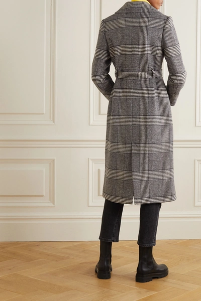 Shop Alexa Chung Penelope Faux Patent Leather-trimmed Prince Of Wales Checked Tweed Coat In Gray