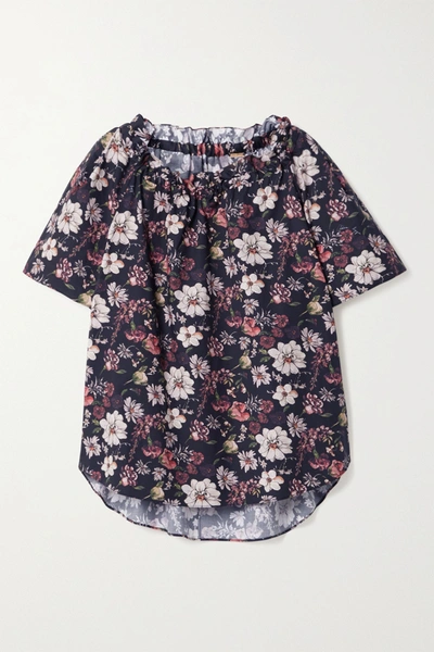 Shop Adam Lippes Ruffled Floral-print Cotton-blend Poplin Top In Navy