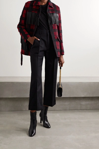 Shop Saint Laurent Belted Fringed Leather-trimmed Checked Wool-blend Jacket In Red