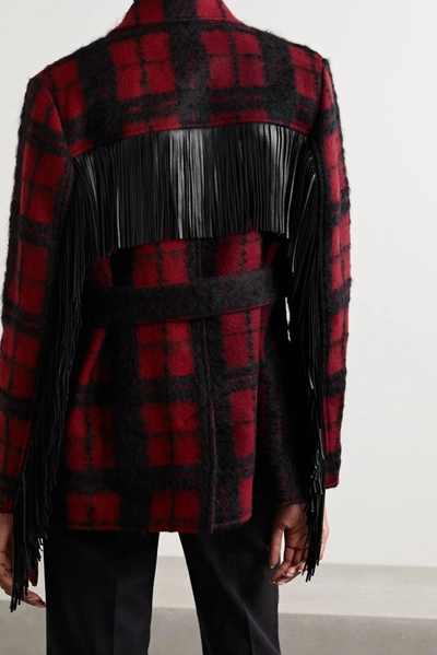 Saint Laurent Belted Fringed Leather-trimmed Checked Wool-blend 