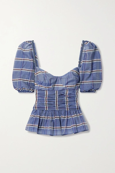 Shop Brock Collection Ruched Striped Cotton And Silk-blend Organza Peplum Top In Blue