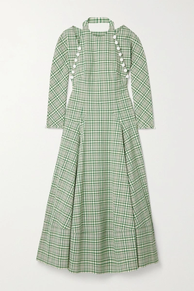 Shop Rosie Assoulin Hold My Bolero Convertible Cutout Checked Cotton-blend Maxi Dress In Green