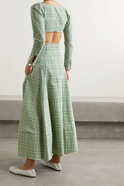 Shop Rosie Assoulin Hold My Bolero Convertible Cutout Checked Cotton-blend Maxi Dress In Green