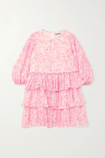 Shop Ganni Tiered Ruffled Floral-print Plissé-georgette Mini Dress In Pink