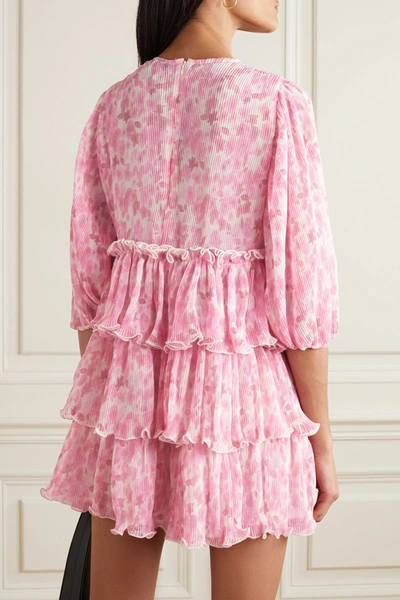 Shop Ganni Tiered Ruffled Floral-print Plissé-georgette Mini Dress In Pink