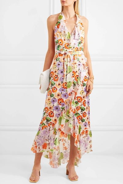 Shop Alice And Olivia Evelia Ruffled Floral-print Georgette Dress In Orange