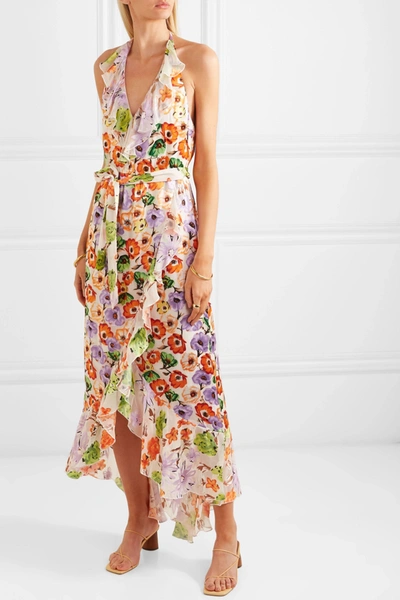 Shop Alice And Olivia Evelia Ruffled Floral-print Georgette Dress In Orange