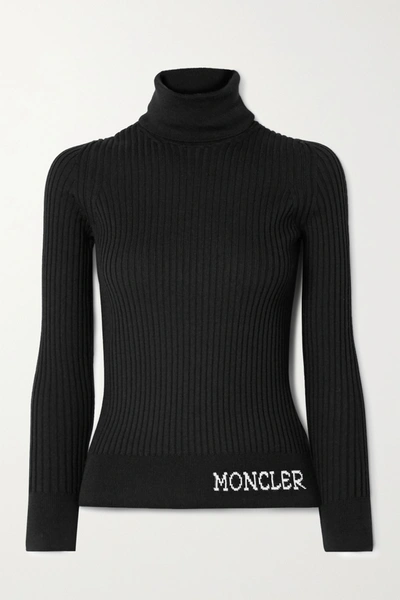 Shop Moncler Intarsia Ribbed Wool Turtleneck Sweater In Black