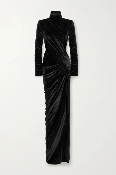 Shop Alexandre Vauthier Ruched Crystal-embellished Stretch-velvet Turtleneck Gown In Black